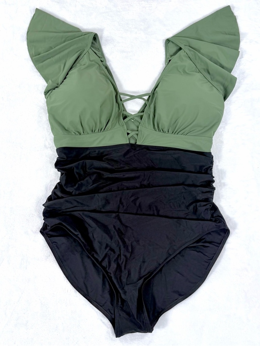 Blooming Jelly Swimsuit XXL Green Black Flutter Sleeve Strappy Front Ruched NWT
